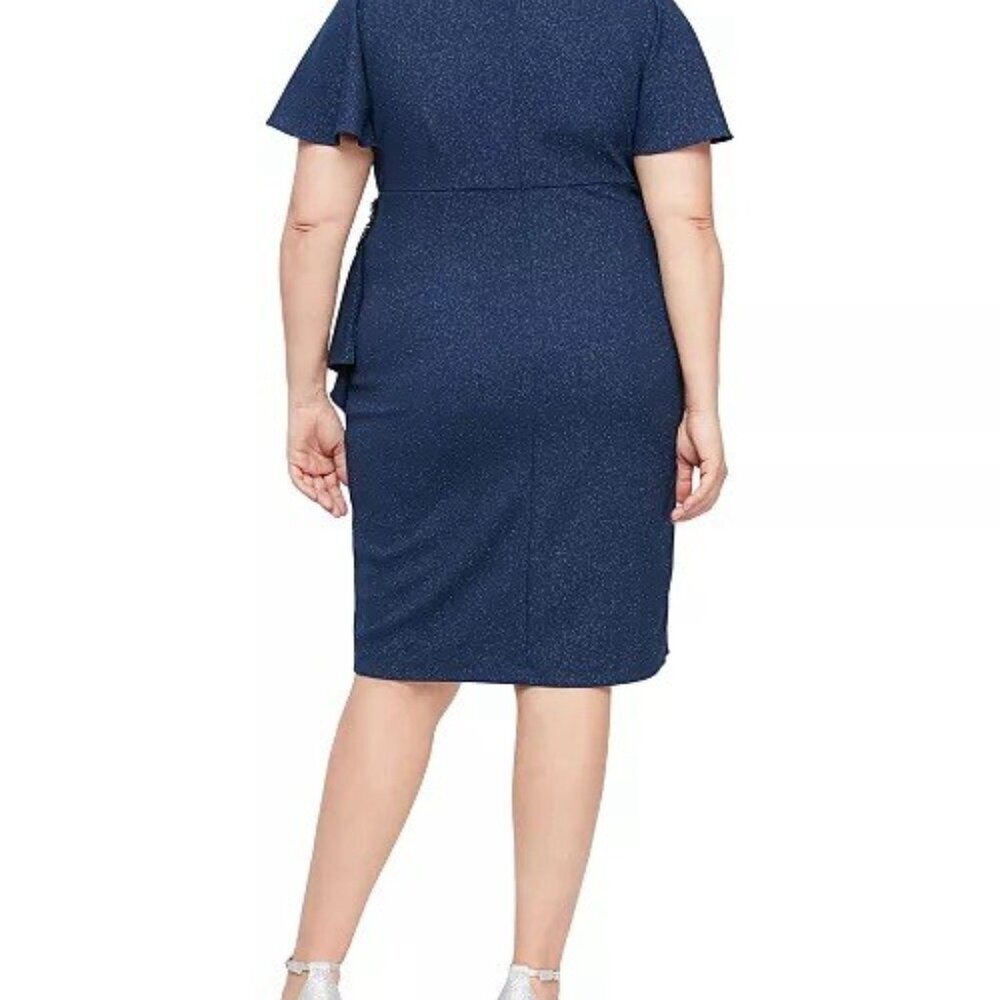 SLNY Womens Plus Size 18W Navy Blue Glitter Beaded Flutter Sleeve Cocktail Dress - Picture 2 of 11